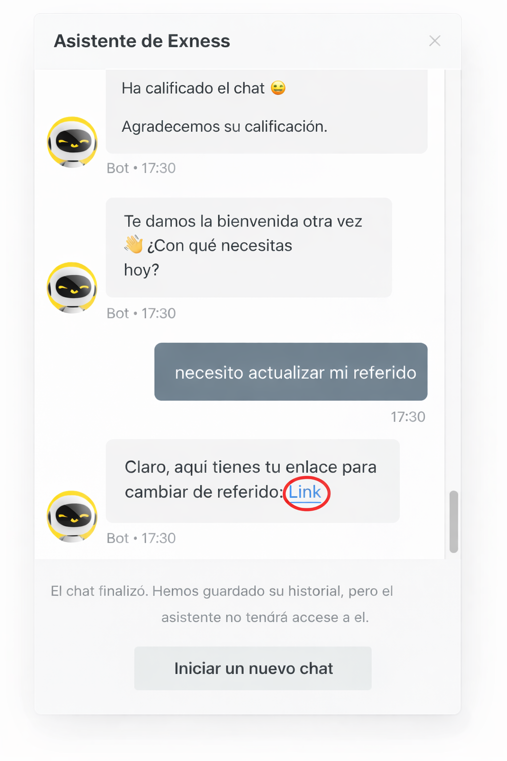 Mensaje en el chat de Exness