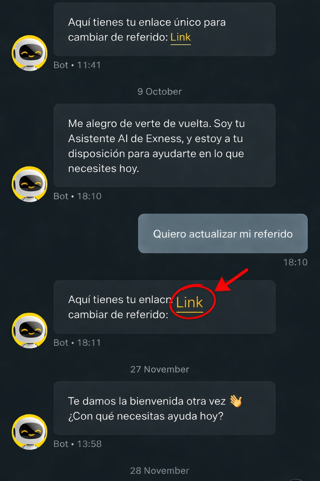 Chat del Exness Assistant - Celular