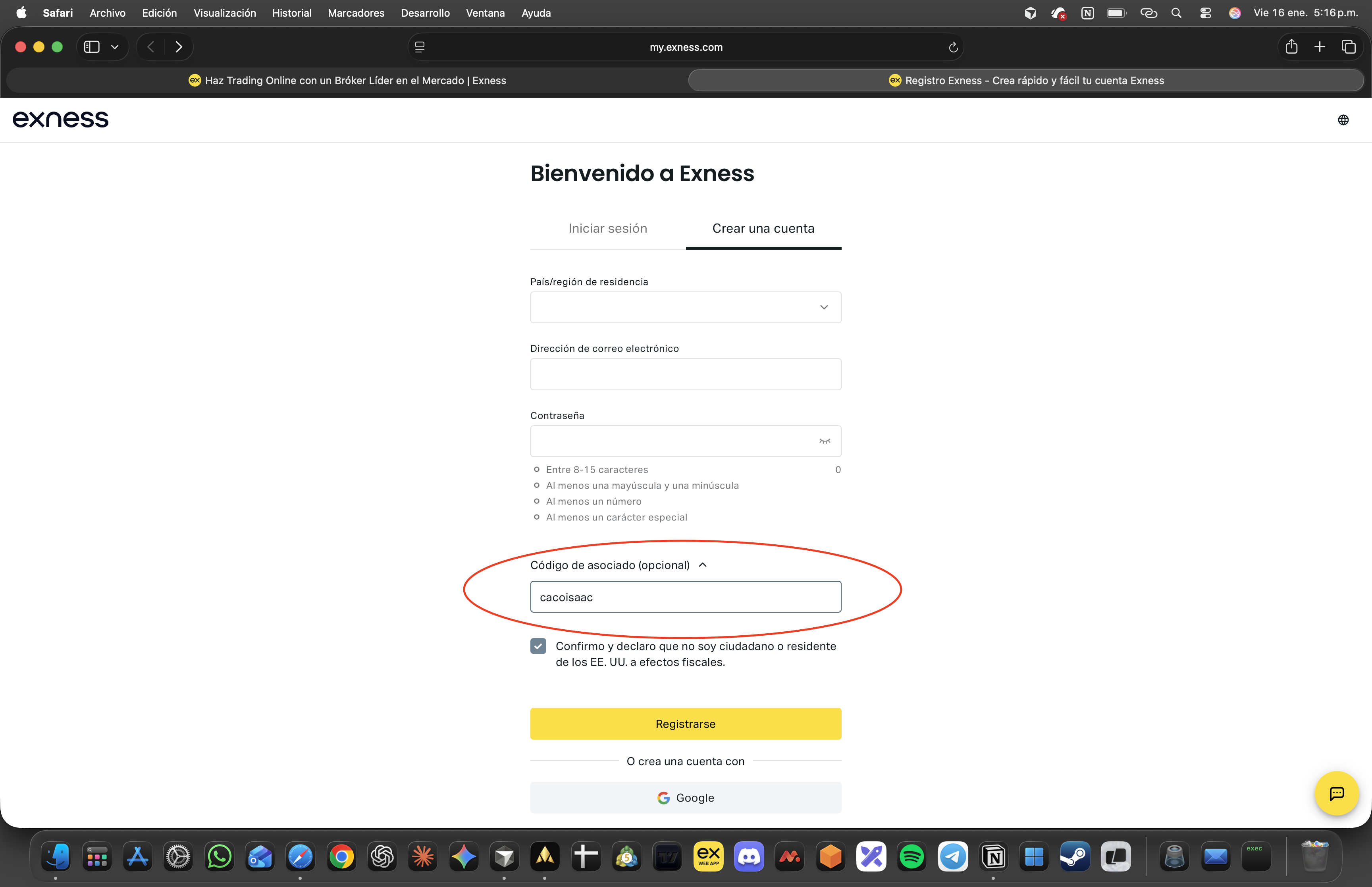 Página de registro de Exness